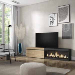 TV-Möbel Holzeffekt Kamin mit Feuereffekt 208x35x45cm Eiche Schwarz 208x45x35cm Spanplatte Beige Skraut home Möbel Wohnzimmermöbel TV-Möbel