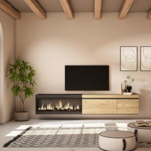 wohnli-moebel-suche-M25100338-1 TV-Möbel Holzeffekt Kamin mit Feuereffekt 237x35x45cm Eiche Schwarz 237x45x35cm Spanplatte Beige Skraut home Möbel Wohnzimmermöbel TV-Möbel