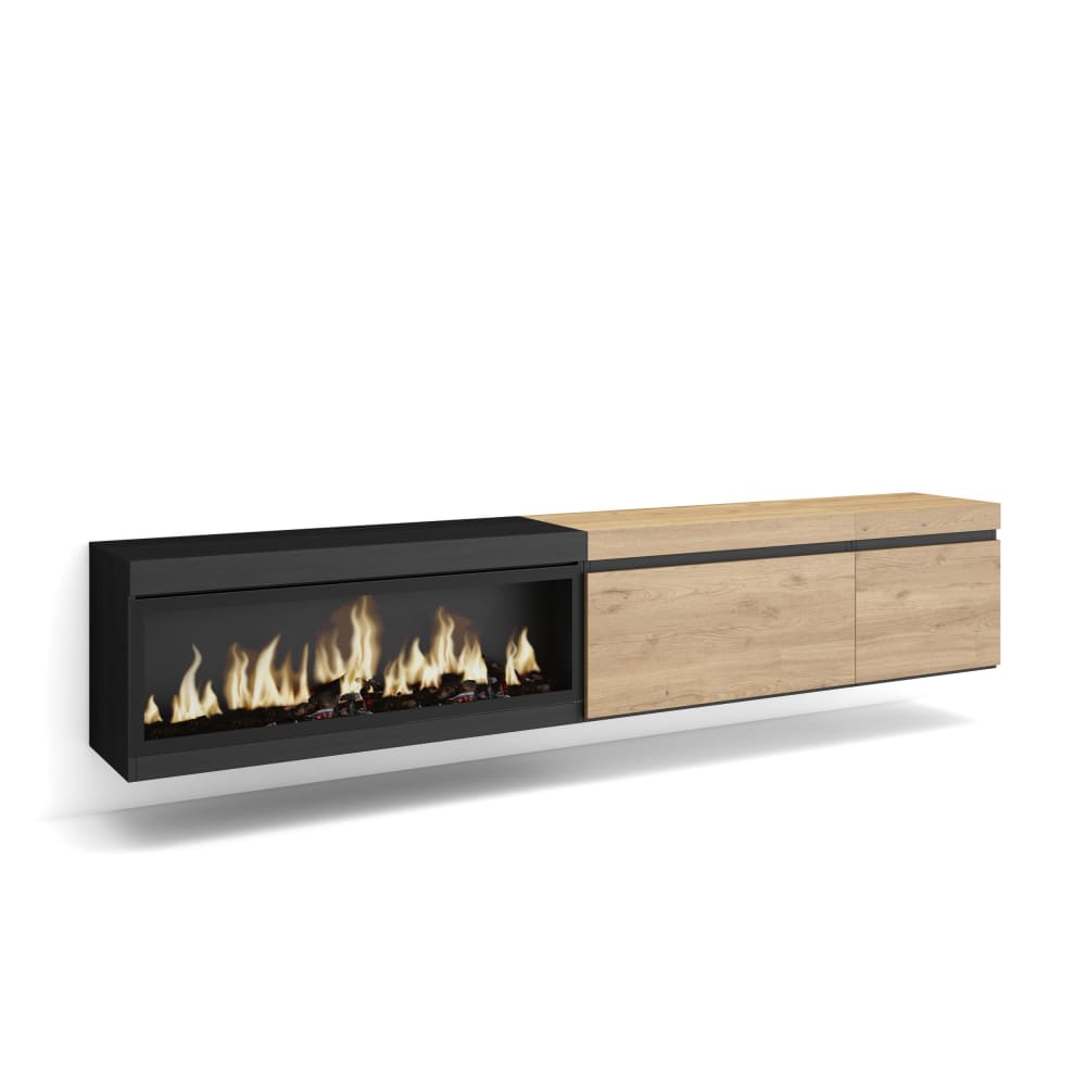 wohnli-moebel-suche-M25100338 Wohnli Möbelsuche - TV-Möbel Holzeffekt Kamin mit Feuereffekt 237x35x45cm Eiche Schwarz