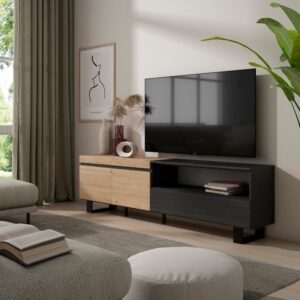 wohnli-moebel-suche-M25100340-1 TV-Möbel Holzeffekt mit Beinen 200x35x57cm Eiche und Schwarz 200x57x35cm Spanplatte Beige Skraut home Möbel Wohnzimmermöbel TV-Möbel