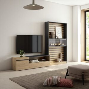 wohnli-moebel-suche-M25100343-1 Wohnwand Holzeffekt 260x35x186cm Kamin mit Feuereffekt Eiche Schwarz 260x186x35cm Spanplatte Beige Skraut home Möbel Wohnzimmermöbel TV-Möbel