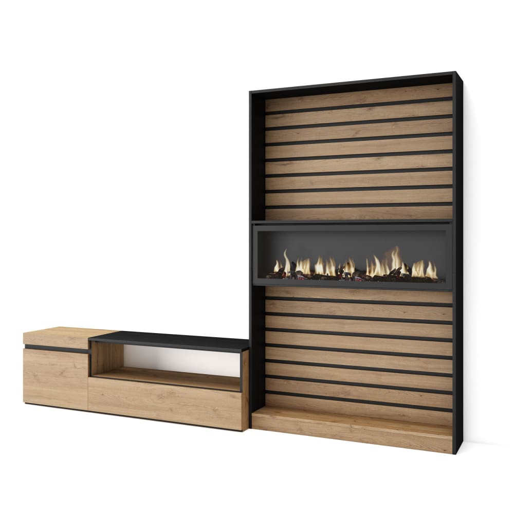 wohnli-moebel-suche-M25100343 Wohnli Möbelsuche - Wohnwand Holzeffekt 260x35x186cm Kamin mit Feuereffekt Eiche Schwarz