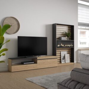 Wohnwand Holzeffekt Kamin mit Feuereffekt 310x35x186cm Eiche Schwarz 310x186x35cm Spanplatte Beige Skraut home Möbel Wohnzimmermöbel TV-Möbel