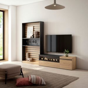 wohnli-moebel-suche-M25100345-1 Wohnwand Holzeffekt Kamin mit Feuereffekt 260x35x186cm Eiche Schwarz 260x186x35cm Spanplatte Beige Skraut home Möbel Wohnzimmermöbel TV-Möbel