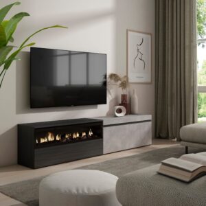 TV-Möbel Holzeffekt Kamin mit Feuereffekt 200x35x45cm Zement 200x45x35cm Spanplatte Grau Skraut home Möbel Wohnzimmermöbel TV-Möbel