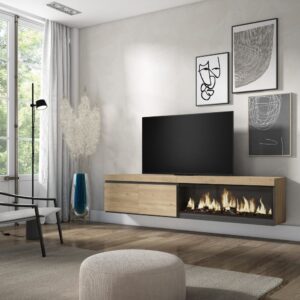TV-Möbel Holzeffekt Kamin mit Feuereffekt XXL 208x35x45cm Eiche 208x45x35cm Spanplatte Beige Skraut home Möbel Wohnzimmermöbel TV-Möbel
