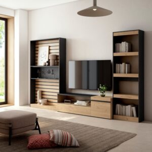 wohnli-moebel-suche-M25100350-1 Wohnwand Holzeffekt 320x35x186cm Eiche und Schwarz 320x186x35cm Spanplatte Beige Skraut home Möbel Wohnzimmermöbel TV-Möbel