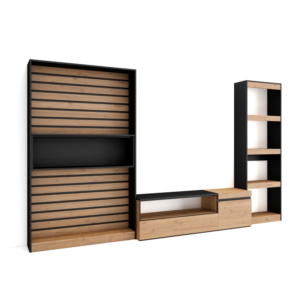 wohnli-moebel-suche-M25100350 Wohnli Möbelsuche - Wohnwand Holzeffekt 320x35x186cm Eiche und Schwarz