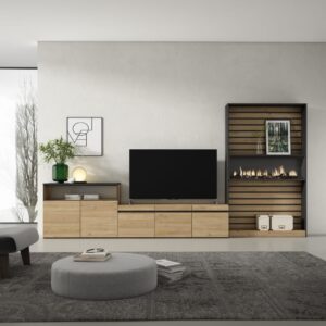 Wohnwand Holzeffekt Kamin mit Feuereffekt 360x35x186cm Eiche Schwarz 360x186x35cm Spanplatte Beige Skraut home Möbel Wohnzimmermöbel TV-Möbel