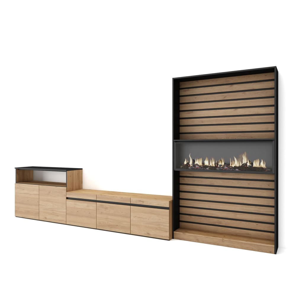 wohnli-moebel-suche-M25100351 Wohnli Möbelsuche - Wohnwand Holzeffekt Kamin mit Feuereffekt 360x35x186cm Eiche Schwarz