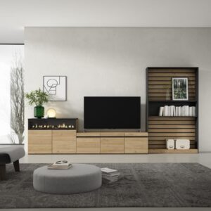 wohnli-moebel-suche-M25100352-1 Wohnwand Holzeffekt Kamin mit Feuereffekt 360x35x186cm Eiche Schwarz 360x186x35cm Spanplatte Beige Skraut home Möbel Wohnzimmermöbel TV-Möbel
