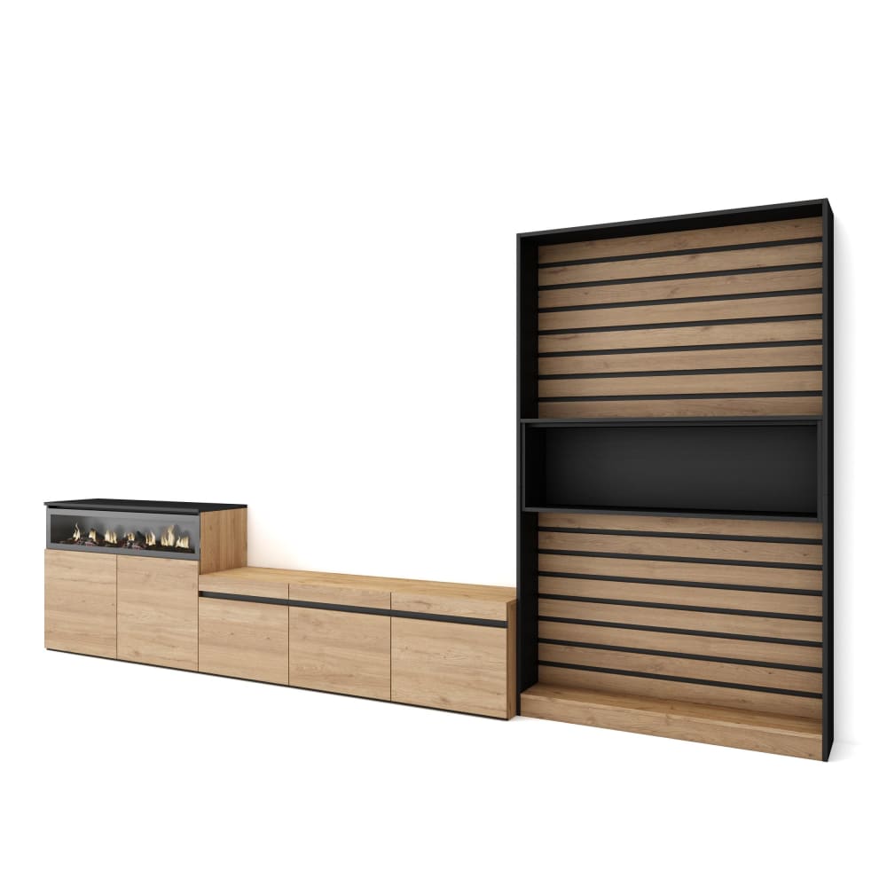 wohnli-moebel-suche-M25100352 Wohnli Möbelsuche - Wohnwand Holzeffekt Kamin mit Feuereffekt 360x35x186cm Eiche Schwarz