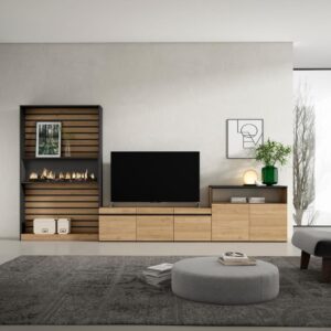 wohnli-moebel-suche-M25100353-1 Wohnwand Holzeffekt Kamin mit Feuereffekt 360x35x186cm Eiche Schwarz 360x186x35cm Spanplatte Beige Skraut home Möbel Wohnzimmermöbel TV-Möbel