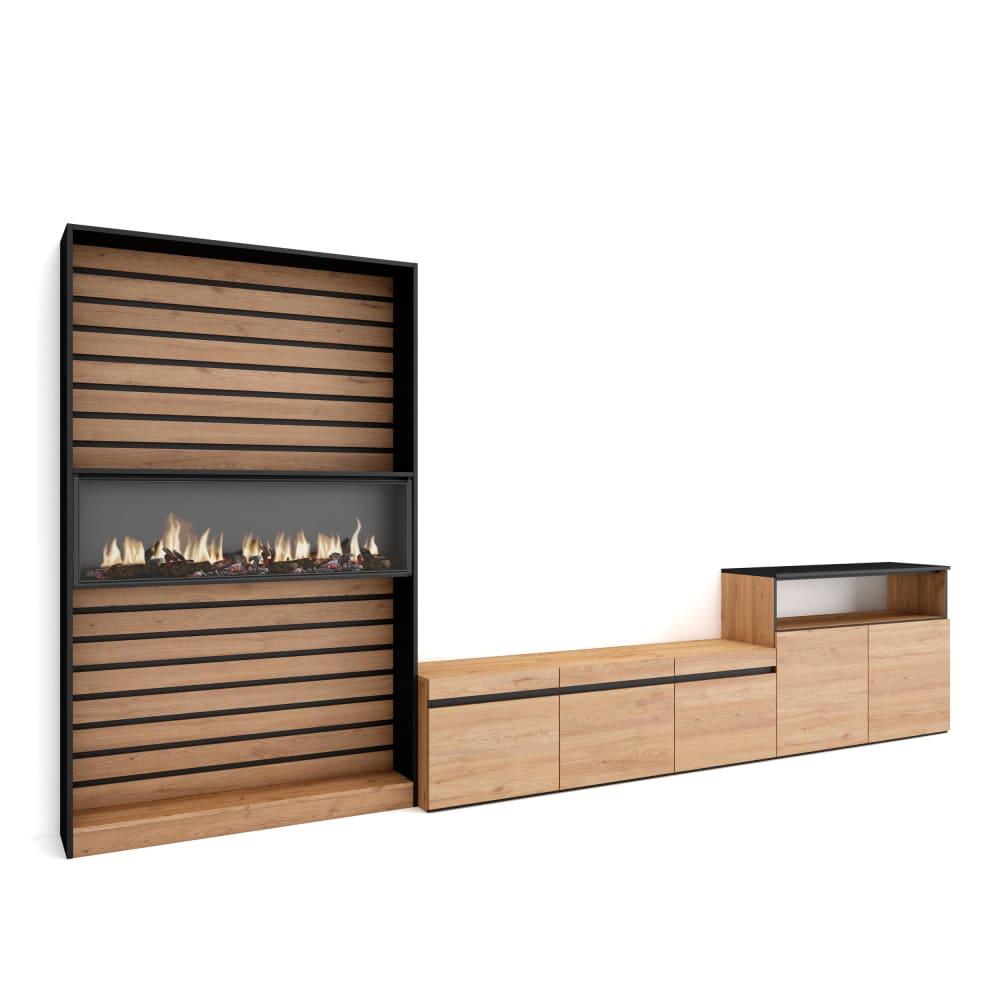 wohnli-moebel-suche-M25100353 Wohnli Möbelsuche - Wohnwand Holzeffekt Kamin mit Feuereffekt 360x35x186cm Eiche Schwarz