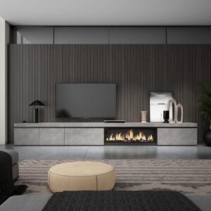 TV-Möbel Holzeffekt Kamin mit Feuereffekt XXL 368x35x45cm Zement 368x45x35cm Spanplatte Grau Skraut home Möbel Wohnzimmermöbel TV-Möbel