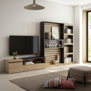 Wohnwand Holzeffekt Kamin mit Feuereffekt 320x35x186cm Eiche Schwarz 320x186x35cm Spanplatte Beige Skraut home Möbel Wohnzimmermöbel TV-Möbel