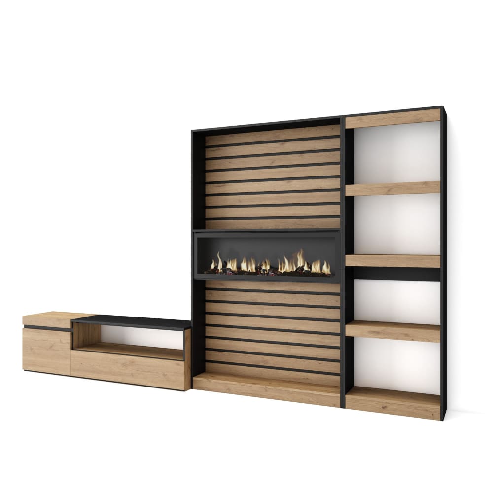 wohnli-moebel-suche-M25100359 Wohnli Möbelsuche - Wohnwand Holzeffekt Kamin mit Feuereffekt 320x35x186cm Eiche Schwarz