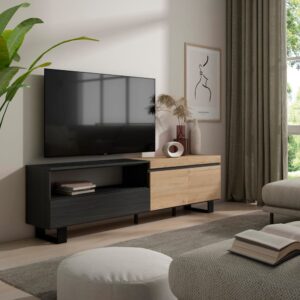 wohnli-moebel-suche-M25100363-1 TV-Möbel Holzeffekt mit Beinen 200x35x57cm Eiche und Schwarz 200x57x35cm Spanplatte Beige Skraut home Möbel Wohnzimmermöbel TV-Möbel