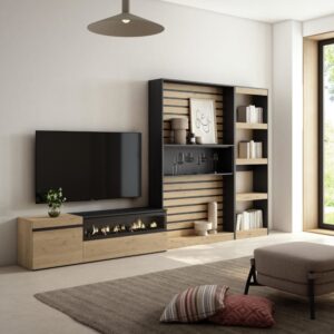wohnli-moebel-suche-M25100364-1 Wohnwand Holzeffekt Kamin mit Feuereffekt 320x35x186cm Eiche Schwarz 320x186x35cm Spanplatte Beige Skraut home Möbel Wohnzimmermöbel TV-Möbel