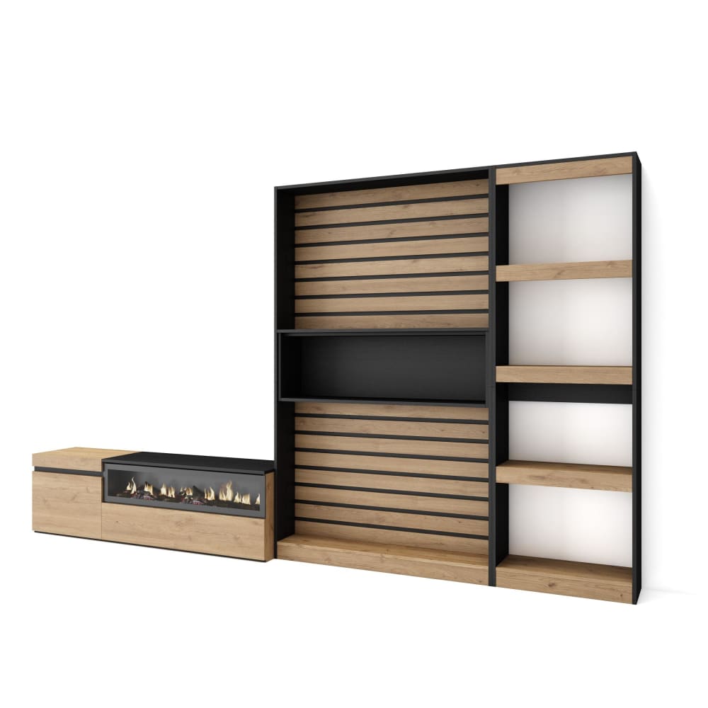 wohnli-moebel-suche-M25100364 Wohnli Möbelsuche - Wohnwand Holzeffekt Kamin mit Feuereffekt 320x35x186cm Eiche Schwarz