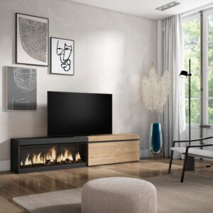 wohnli-moebel-suche-M25100365-1 TV-Möbel Holzeffekt Kamin mit Feuereffekt 208x35x45cm Eiche Schwarz 208x45x35cm Spanplatte Beige Skraut home Möbel Wohnzimmermöbel TV-Möbel