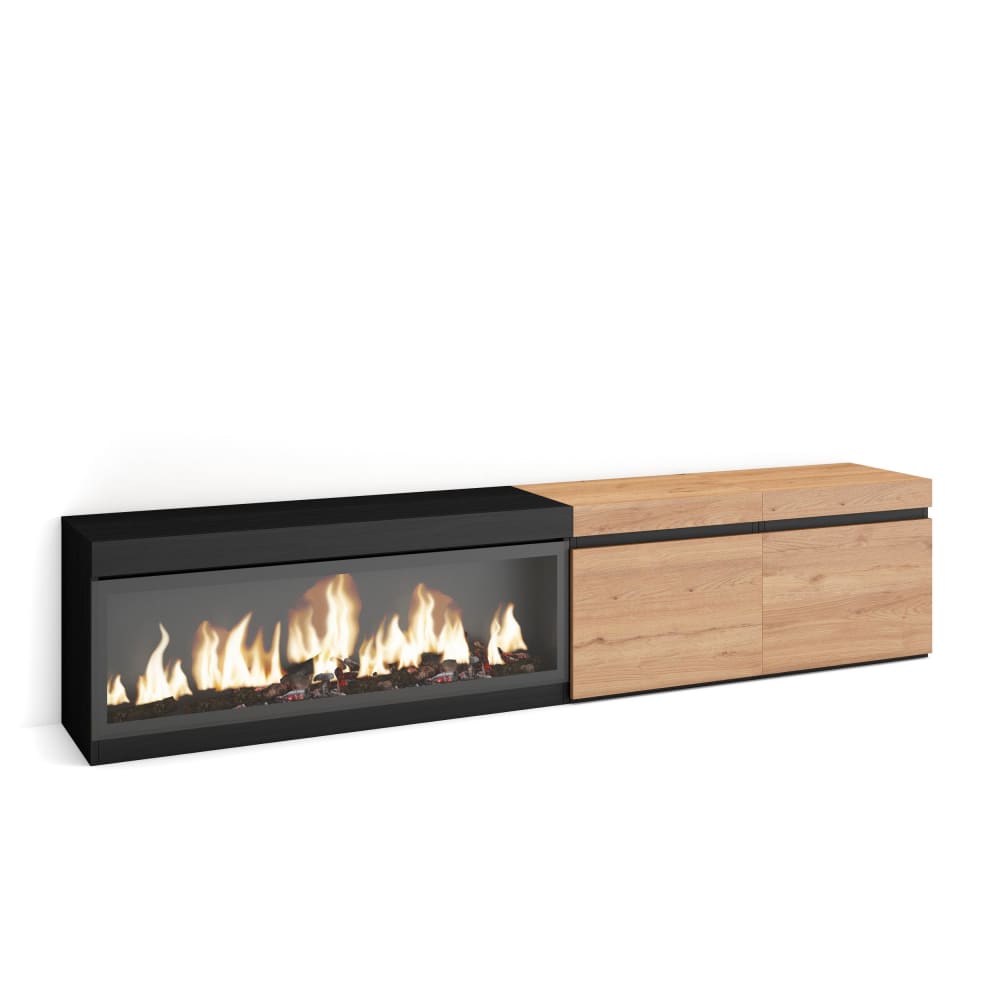 wohnli-moebel-suche-M25100365 Wohnli Möbelsuche - TV-Möbel Holzeffekt Kamin mit Feuereffekt 208x35x45cm Eiche Schwarz