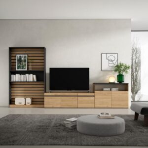 wohnli-moebel-suche-M25100366-1 Wohnwand Holzeffekt 360x35x186cm Eiche und Schwarz 360x186x35cm Spanplatte Beige Skraut home Möbel Wohnzimmermöbel TV-Möbel