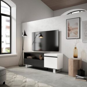 wohnli-moebel-suche-M25100367-1 TV-Möbel Holzeffekt mit Beinen 150x35x57cm Weiß und Schwarz 150x57x35cm Spanplatte Weiß Skraut home Möbel Wohnzimmermöbel TV-Möbel