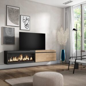 wohnli-moebel-suche-M25100368-1 TV-Möbel Holzeffekt Kamin mit Feuereffekt 208x35x45cm Eiche Schwarz 208x45x35cm Spanplatte Beige Skraut home Möbel Wohnzimmermöbel TV-Möbel