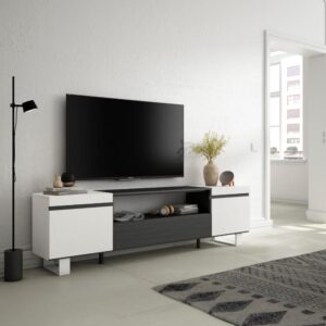 TV-Möbel Holzeffekt mit Beinen 200x35x57cm Weiß und Schwarz 200x57x35cm Spanplatte Weiß Skraut home Möbel Wohnzimmermöbel TV-Möbel