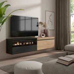 wohnli-moebel-suche-M25100370-1 TV-Möbel Holzeffekt Kamin mit Feuereffekt 200x35x45cm Eiche Schwarz 200x45x35cm Spanplatte Beige Skraut home Möbel Wohnzimmermöbel TV-Möbel