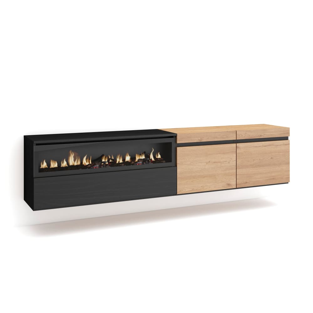 wohnli-moebel-suche-M25100370 Wohnli Möbelsuche - TV-Möbel Holzeffekt Kamin mit Feuereffekt 200x35x45cm Eiche Schwarz