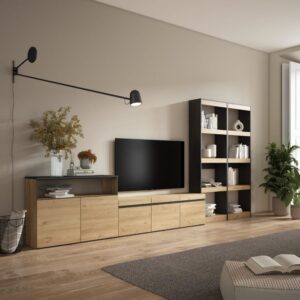 Wohnwand Holzeffekt 370x35x186cm Eiche und Schwarz 370x186x35cm Spanplatte Beige Skraut home Möbel Wohnzimmermöbel TV-Möbel