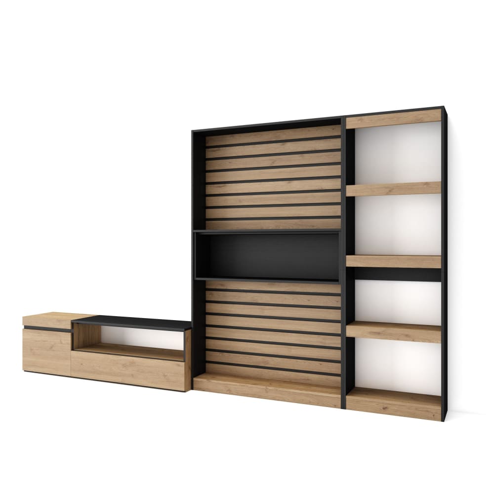 wohnli-moebel-suche-M25100372 Wohnli Möbelsuche - Wohnwand Holzeffekt 320x35x186cm Eiche und Schwarz