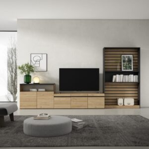 wohnli-moebel-suche-M25100374-1 Wohnwand Holzeffekt 360x35x186cm Eiche und Schwarz 360x186x35cm Spanplatte Beige Skraut home Möbel Wohnzimmermöbel TV-Möbel