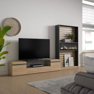 wohnli-moebel-suche-M25100381-1 Wohnwand Holzeffekt Kamin mit Feuereffekt 310x35x186cm Eiche Schwarz 310x186x35cm Spanplatte Beige Skraut home Möbel Wohnzimmermöbel TV-Möbel