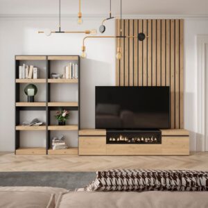 Wohnwand Holzeffekt Kamin mit Feuereffekt 320x35x186cm Eiche Schwarz 320x186x35cm Spanplatte Beige Skraut home Möbel Wohnzimmermöbel TV-Möbel