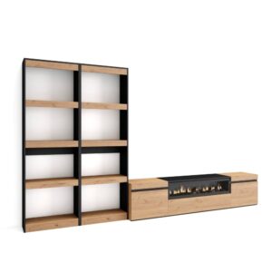 wohnli-moebel-suche-M25100382 Wohnli Möbelsuche - Wohnwand Holzeffekt Kamin mit Feuereffekt 320x35x186cm Eiche Schwarz