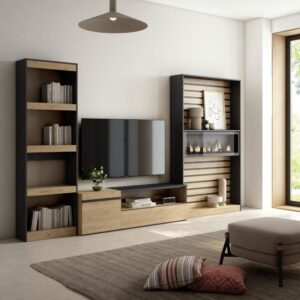 wohnli-moebel-suche-M25100383-1 Wohnwand Holzeffekt Kamin mit Feuereffekt 320x35x186cm Eiche Schwarz 320x186x35cm Spanplatte Beige Skraut home Möbel Wohnzimmermöbel TV-Möbel