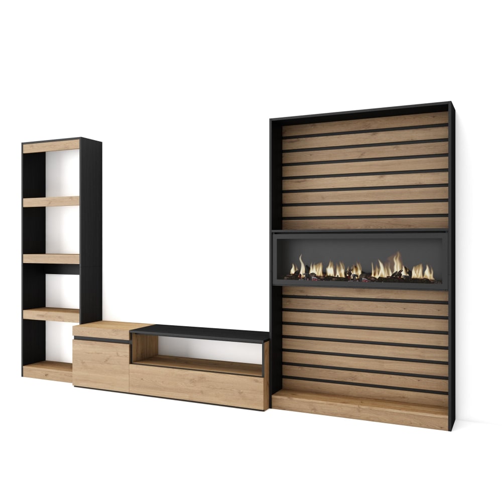 wohnli-moebel-suche-M25100383 Wohnli Möbelsuche - Wohnwand Holzeffekt Kamin mit Feuereffekt 320x35x186cm Eiche Schwarz