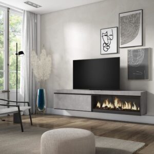 TV-Möbel Holzeffekt Kamin mit Feuereffekt XXL 208x35x45cm Zement 208x45x35cm Spanplatte Grau Skraut home Möbel Wohnzimmermöbel TV-Möbel