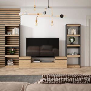 wohnli-moebel-suche-M25100385-1 Wohnwand Holzeffekt 320x35x186cm Eiche und Schwarz 320x186x35cm Spanplatte Beige Skraut home Möbel Wohnzimmermöbel TV-Möbel