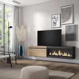 wohnli-moebel-suche-M25100388-1 TV-Möbel Holzeffekt Kamin mit Feuereffekt 208x35x45cm Eiche Schwarz 208x45x35cm Spanplatte Beige Skraut home Möbel Wohnzimmermöbel TV-Möbel