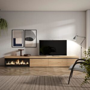 TV-Möbel Holzeffekt Kamin mit Feuereffekt XXL 317x35x45cm Eiche 317x45x35cm Spanplatte Beige Skraut home Möbel Wohnzimmermöbel TV-Möbel