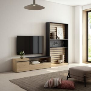 Wohnwand Holzeffekt 260x35x186cm Eiche und Schwarz 260x186x35cm Spanplatte Beige Skraut home Möbel Wohnzimmermöbel TV-Möbel