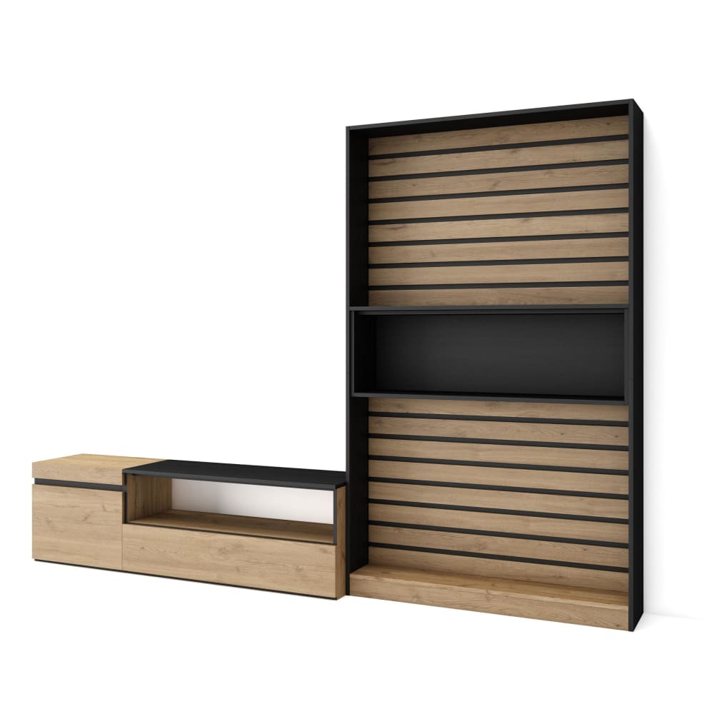 wohnli-moebel-suche-M25100396 Wohnli Möbelsuche - Wohnwand Holzeffekt 260x35x186cm Eiche und Schwarz