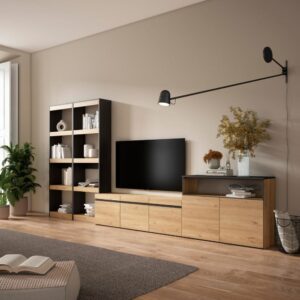 wohnli-moebel-suche-M25100397-1 Wohnwand Holzeffekt 370x35x186cm Eiche und Schwarz 370x186x35cm Spanplatte Beige Skraut home Möbel Wohnzimmermöbel TV-Möbel
