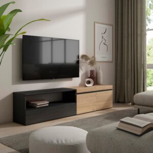 TV-Möbel Holzeffekt 200x35x45cm Eiche und Schwarz 200x45x35cm Spanplatte Beige Skraut home Möbel Wohnzimmermöbel TV-Möbel