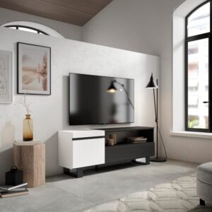 wohnli-moebel-suche-M25100401-1 TV-Möbel Holzeffekt mit Beinen 150x35x57cm Weiß und Schwarz 150x57x35cm Spanplatte Weiß Skraut home Möbel Wohnzimmermöbel TV-Möbel