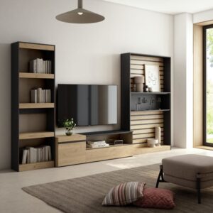 wohnli-moebel-suche-M25100402-1 Wohnwand Holzeffekt 320x35x186cm Eiche und Schwarz 320x186x35cm Spanplatte Beige Skraut home Möbel Wohnzimmermöbel TV-Möbel
